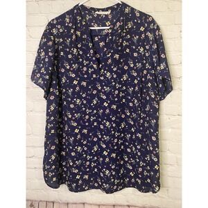 Lush Floral V Neck Front Shirt Dress Size 3XL Navy‎ Cottagecore